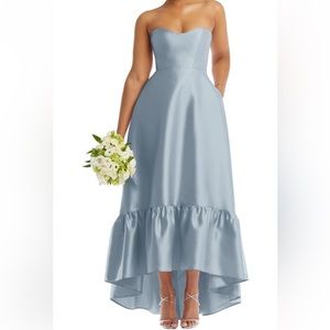 Alfred Sung Strapless Ruffle High-Low Satin Gown
